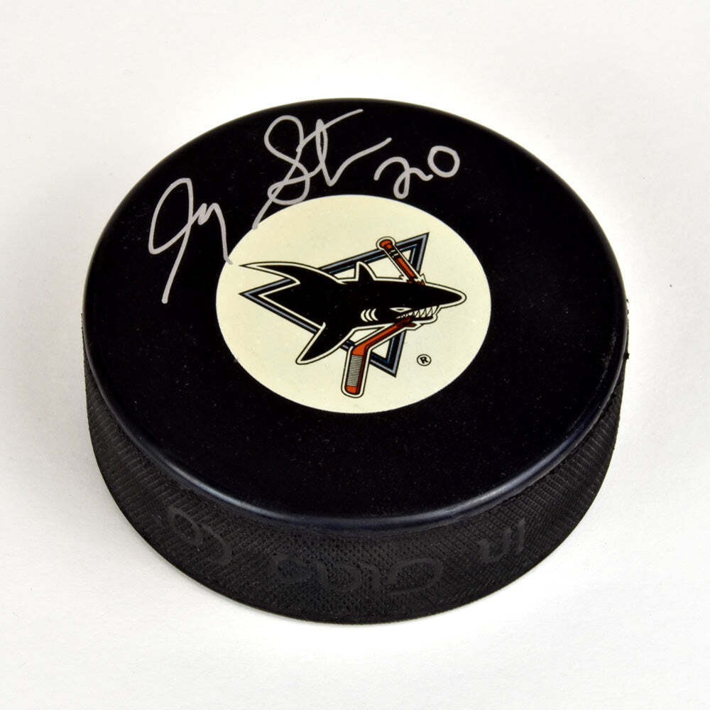 Gary Suter San Jose Sharks Autographed Vintage Logo Hockey Puck Image 1