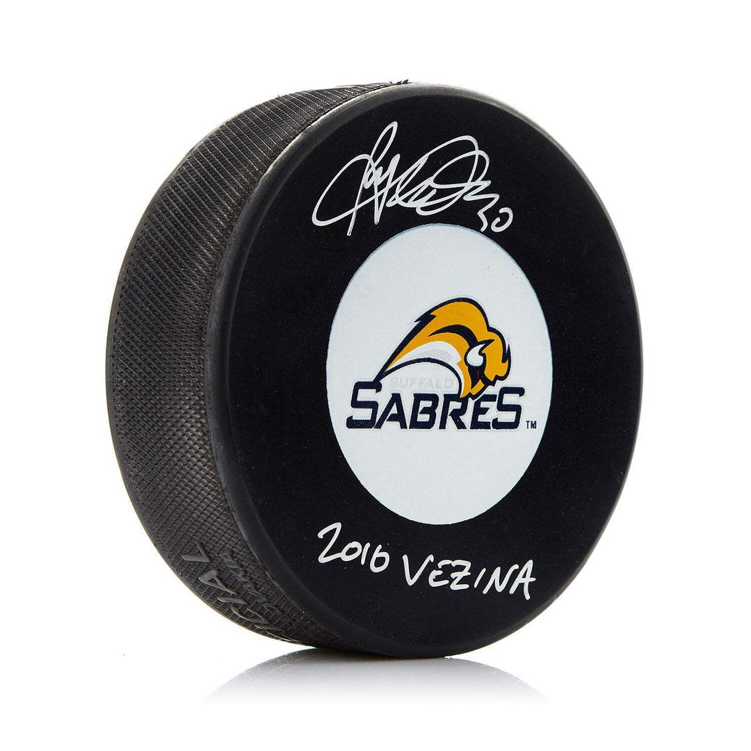 Ryan Miller Signed Buffalo Sabres Puck with 2010 Vezina Note Image 1
