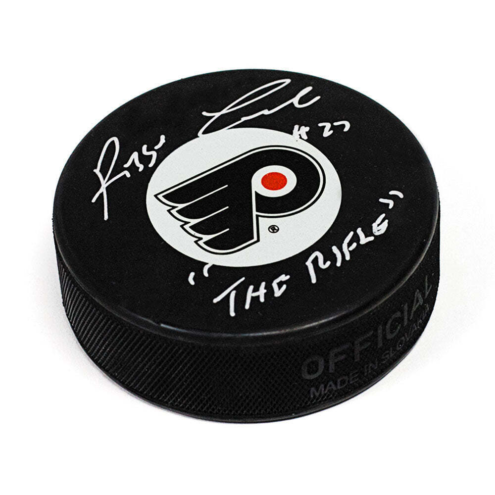 Reggie Leach Philadelphia Flyers Autographed Hockey Puck with The Rifle Note Image 1
