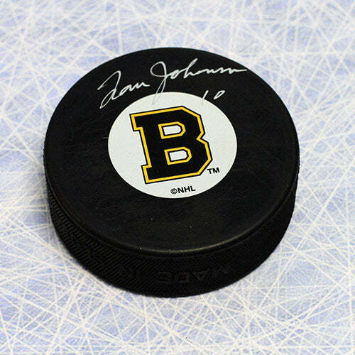 Tom Johnson Boston Bruins Autographed Original Six Logo Hockey Puck Image 1