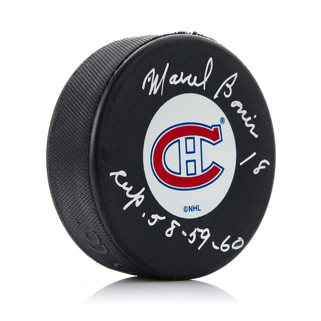 Marcel Bonin Montreal Canadiens Autographed Puck with Stanley Cup Note Image 1