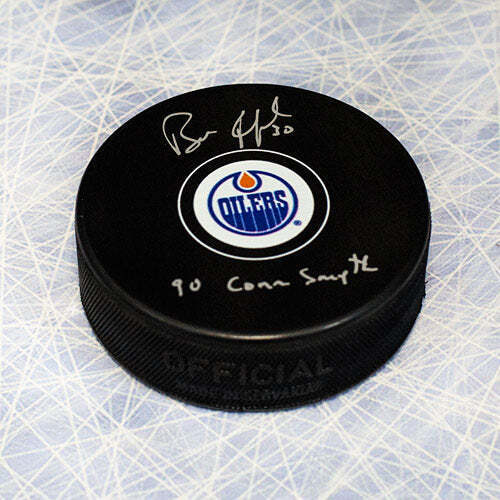 Bill Ranford Edmonton Oilers Autographed Hockey Puck with 90 Conn Smythe note Image 1