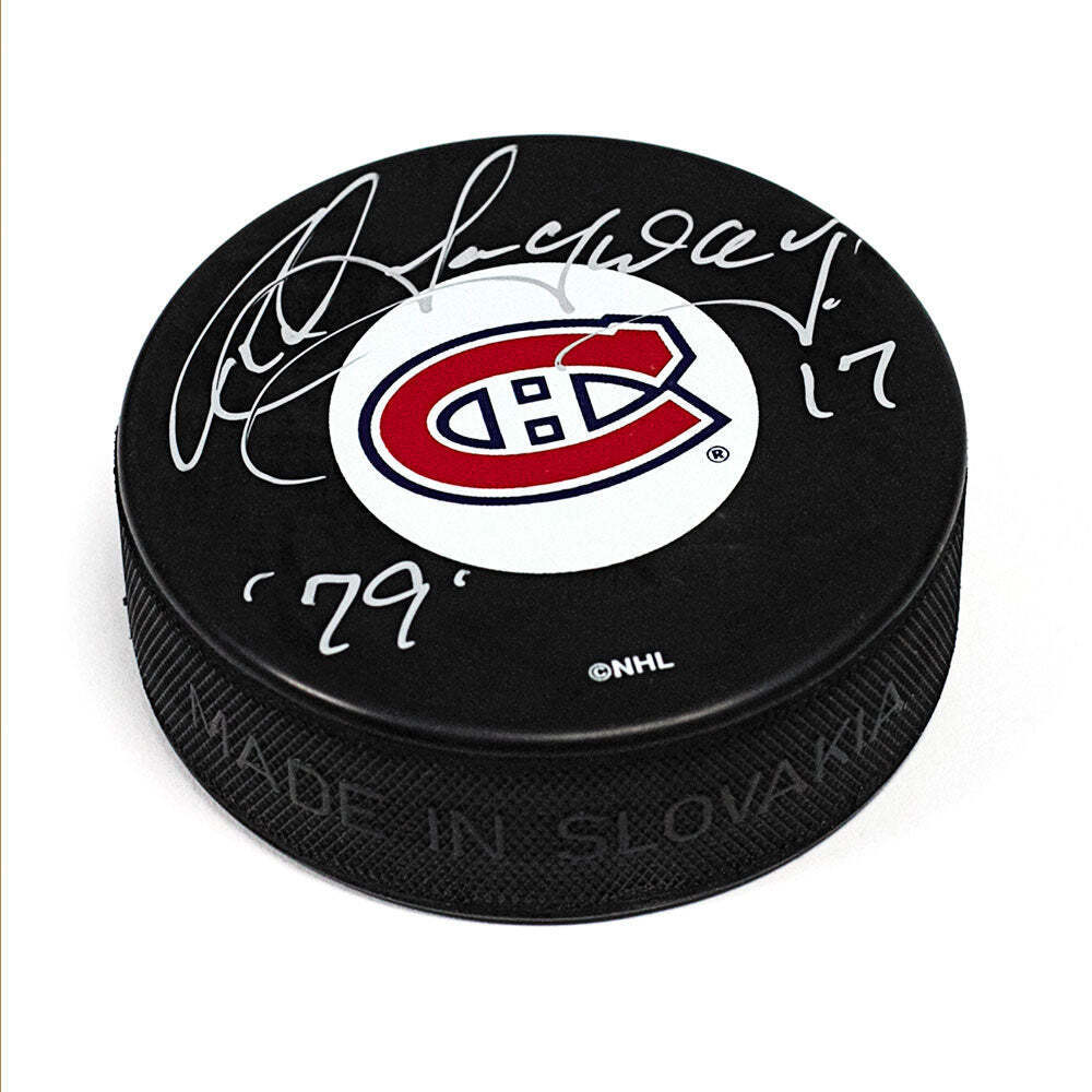 Rod Langway Montreal Canadiens Autographed Hockey Puck with 79 Inscription Image 1