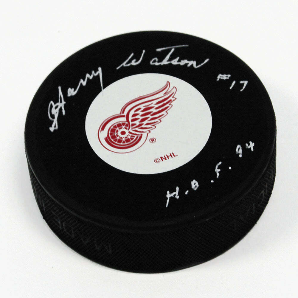 Harry Watson Detroit Red Wings Signed Hockey Puck with HOF Note Image 1