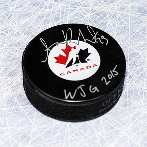 Sam Reinhart Team Canada Autographed Hockey Puck with 2015 WJC Note Image 1