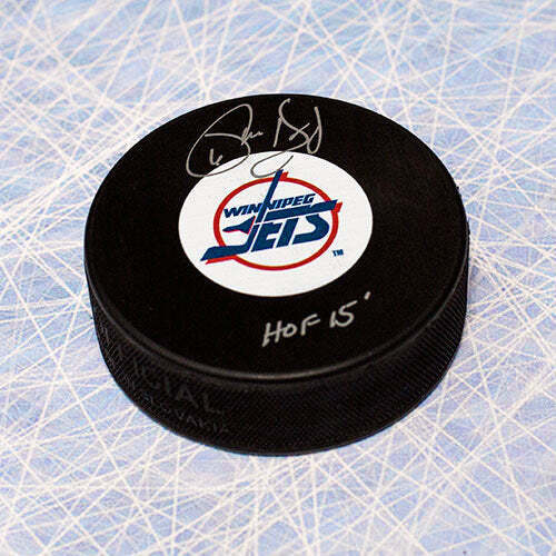 Phil Housley Winnipeg Jets Autographed Retro Hockey Puck with HOF Inscription Image 1