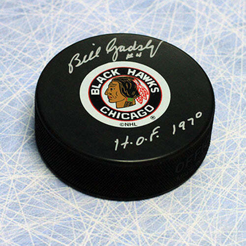 Bill Gadsby Chicago Blackhawks Autographed Hockey Puck with HOF Note Image 1