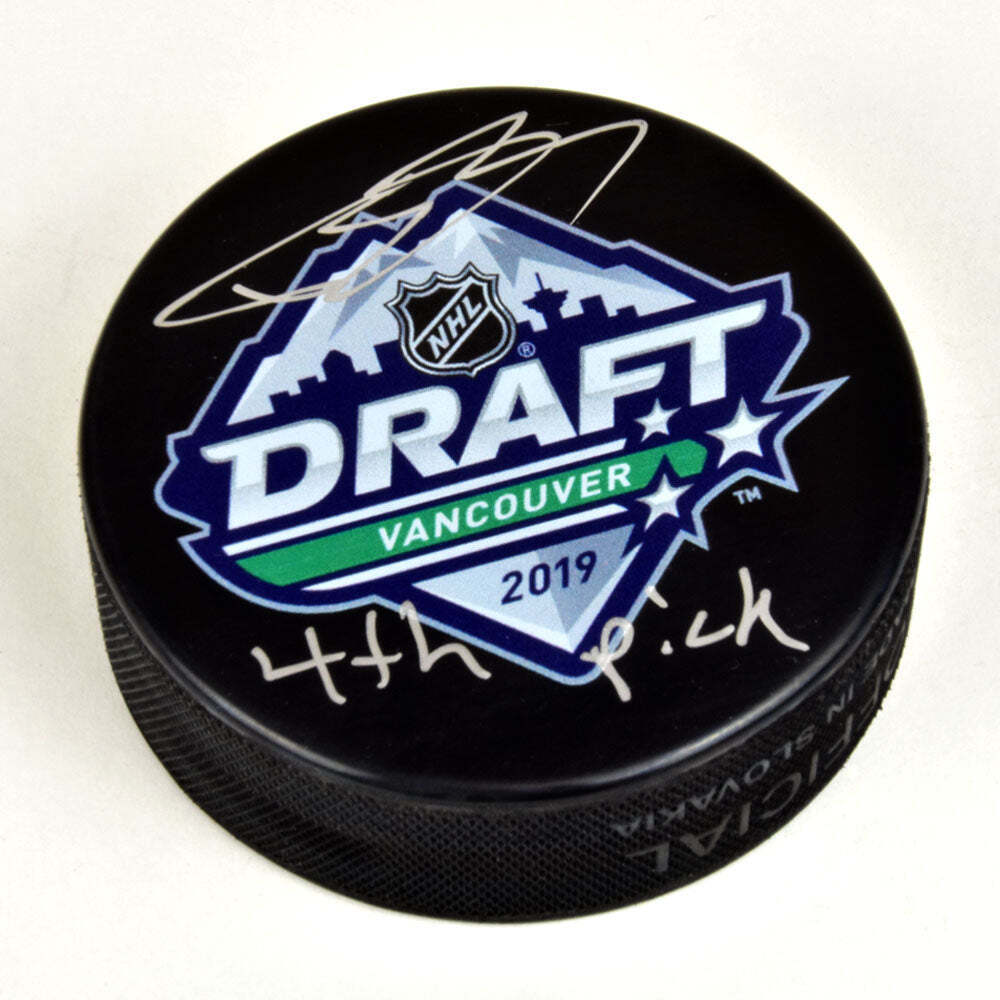 Bowen Byram 2019 NHL Draft Day Autographed Hockey Puck with 4th Pick Image 1
