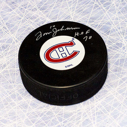 Tom Johnson Montreal Canadiens Signed Hockey Puck with HOF Note Image 1