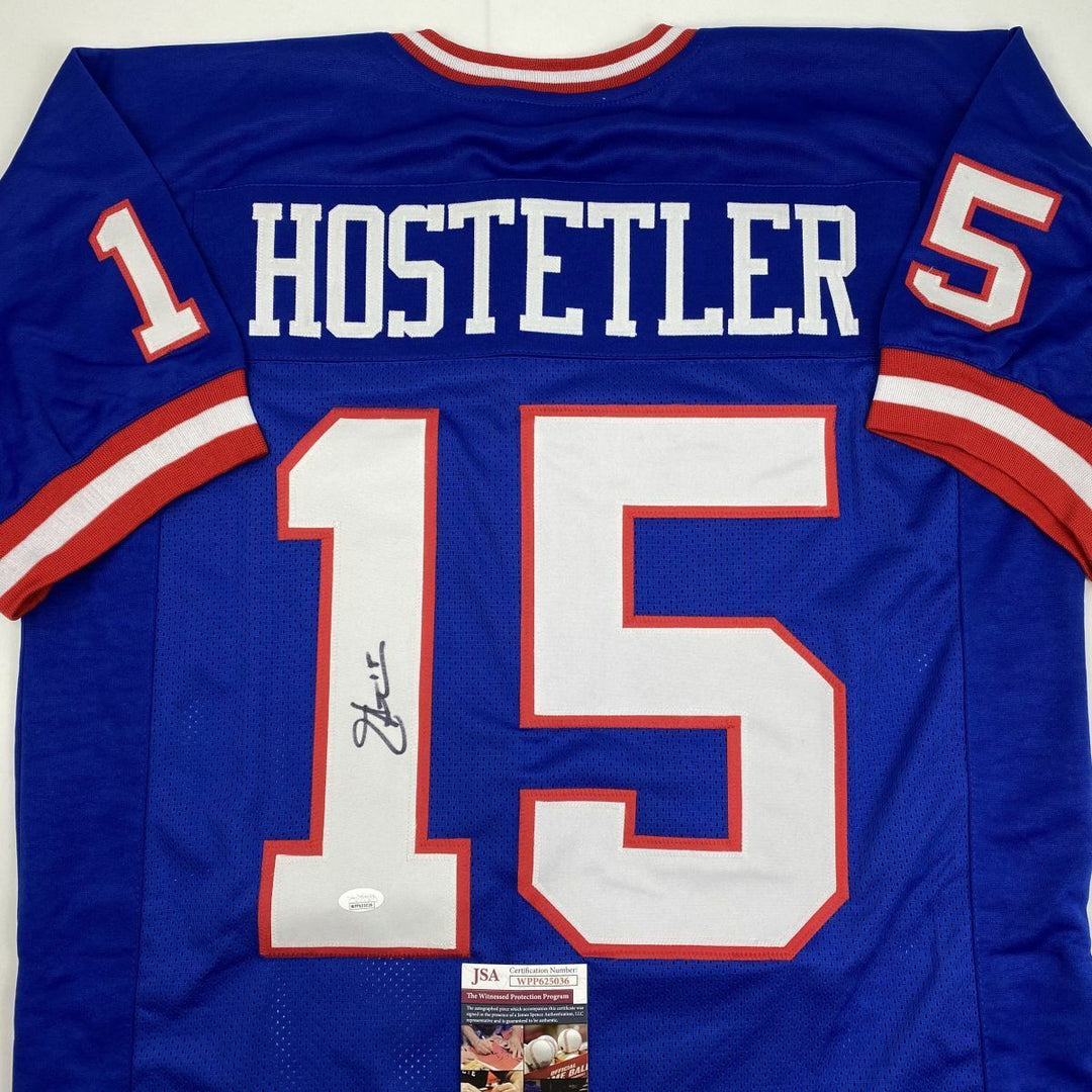 Autographed/Signed JEFF HOSTETLER New York Blue Football Jersey JSA COA Auto Image 2