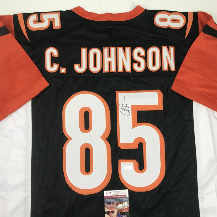 Autographed/Signed CHAD JOHNSON Cincinnati Black Football Jersey JSA COA Auto Image 1
