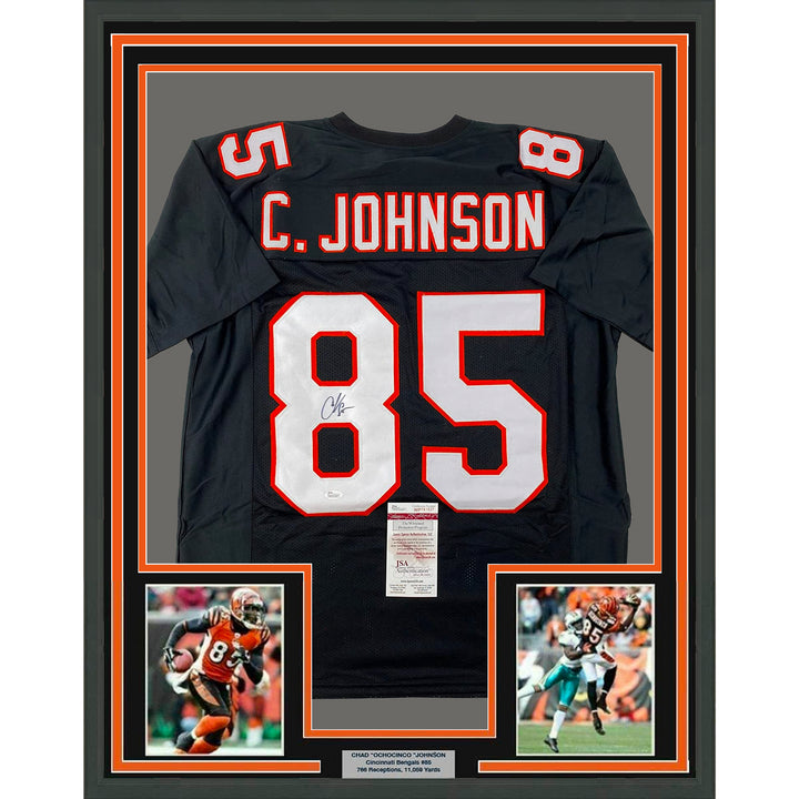 Framed Autographed/Signed Chad Johnson 33x42 Cincinnati Black Jersey JSA COA Image 1