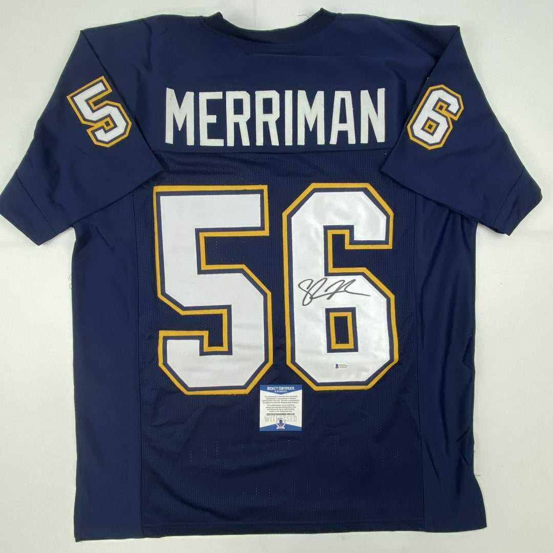Autographed/Signed SHAWNE MERRIMAN San Diego Dark Blue Football Jersey BAS COA Image 1