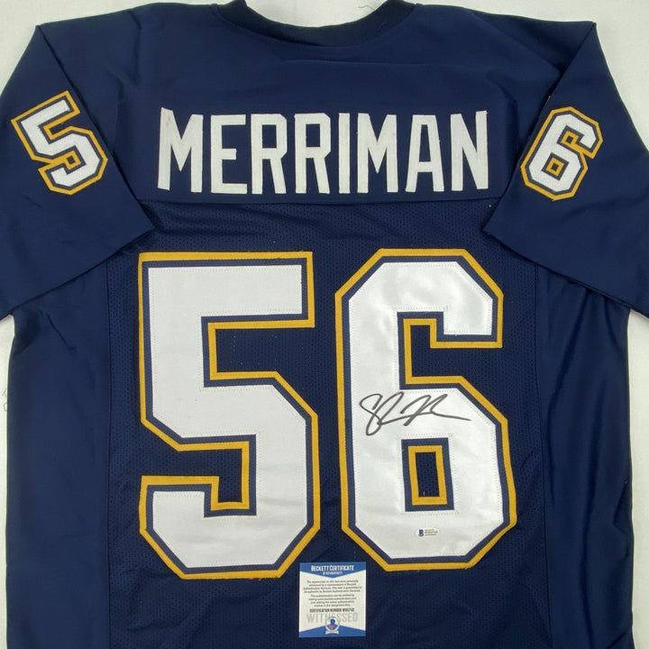 Autographed/Signed SHAWNE MERRIMAN San Diego Dark Blue Football Jersey BAS COA Image 2
