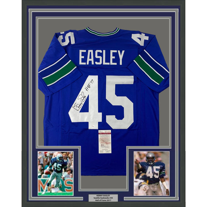 Framed Autographed/Signed Kenny Easley 33x42 HOF 17 Seattle Blue Jersey JSA COA Image 1