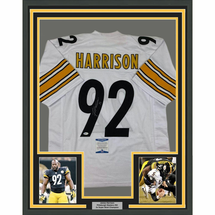 FRAMED Autographed/Signed JAMES HARRISON 33x42 Pittsburgh White Jersey BAS COA Image 1