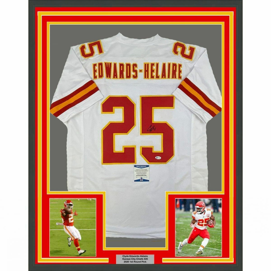 FRAMED Autographed/Signed CLYDE EDWARDS-HELAIRE 33x42 KC White Jersey BAS COA Image 1