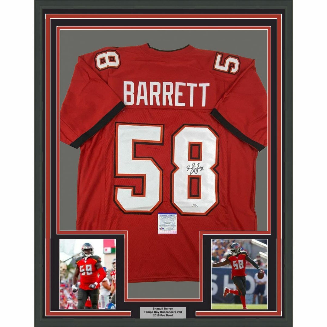 FRAMED Autographed/Signed SHAQUIL SHAQ BARRETT 33x42 Tampa Red Jersey PSA COA Image 1