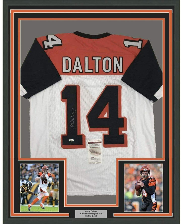 Framed Autographed/Signed Andy Dalton 33x42 Cincinnati White Football Jersey JSA Image 1