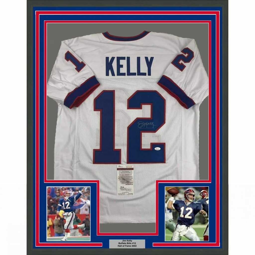 Framed Autographed/Signed Jim Kelly 33x42 Buffalo Blue Football