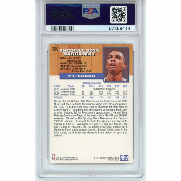 Graded 1993-94 Hoops ANFERNEE PENNY HARDAWAY #380 Rookie Basketball Card PSA 10 Image 2