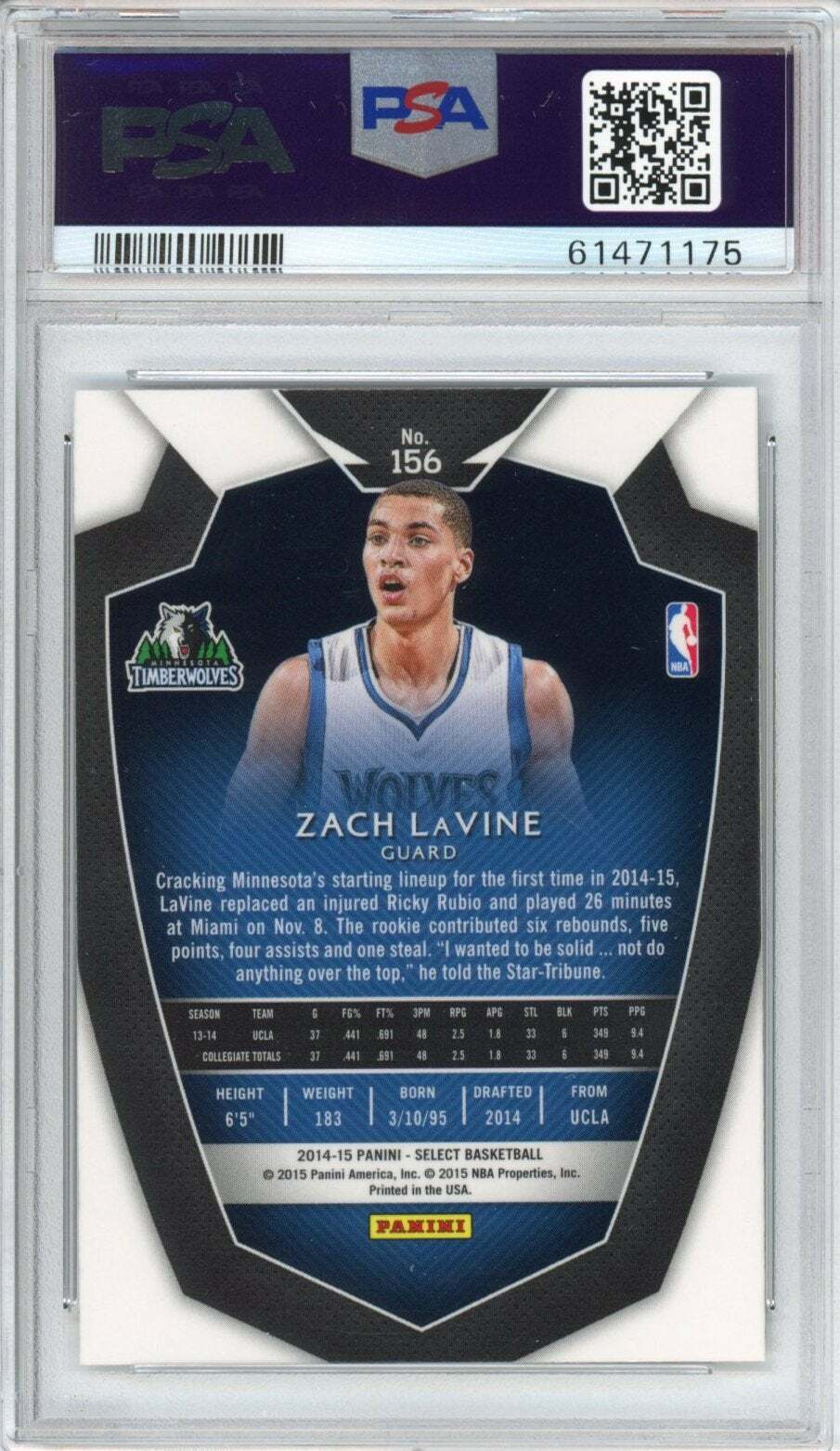 Graded 2014-15 Panini Select Zach LaVine #156 Rookie RC Basketball Card PSA 10 Image 2