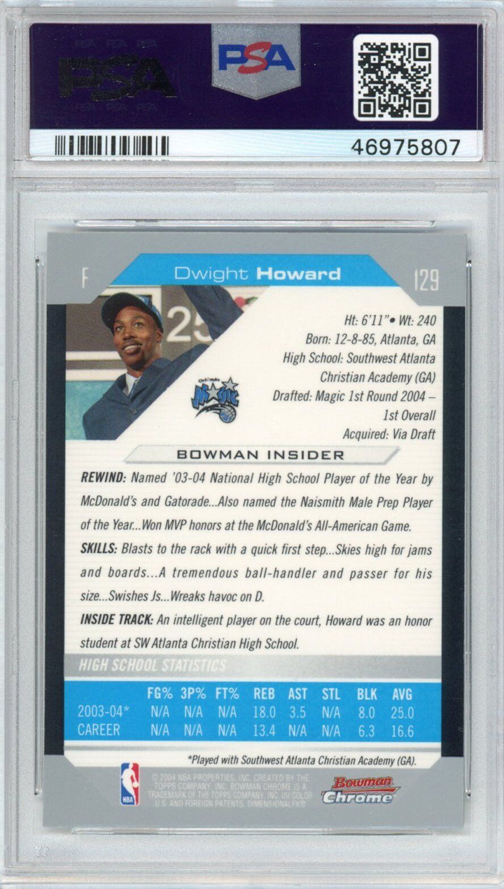 Graded 2004-05 Bowman Chrome DP Dwight Howard #129 Rookie RC Card PSA 10 Mint Image 2