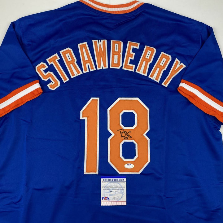 Autographed/Signed DARRYL STRAWBERRY New York Blue Baseball Jersey PSA/DNA COA Image 6