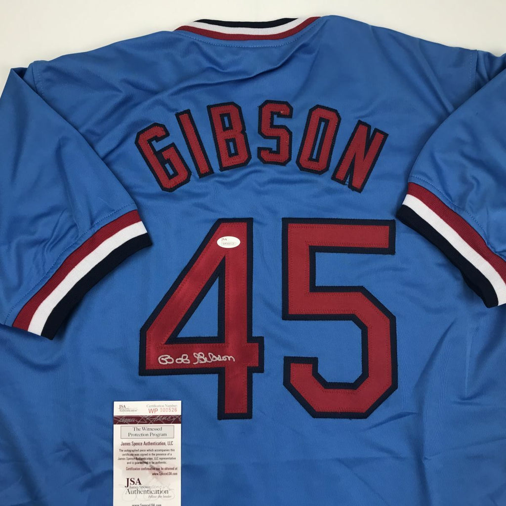 Bob Gibson Autographed and Framed Blue St. Louis Cardinals Jersey Auto JSA  COA