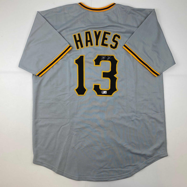 Autographed/Signed Ke'Bryan Hayes Pittsburgh Grey Baseball Jersey Beckett COA Image 2
