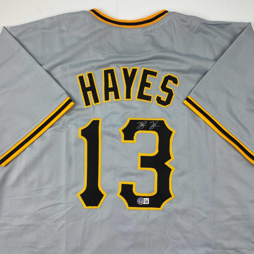Autographed/Signed Ke'Bryan Hayes Pittsburgh Grey Baseball Jersey Beckett COA Image 3