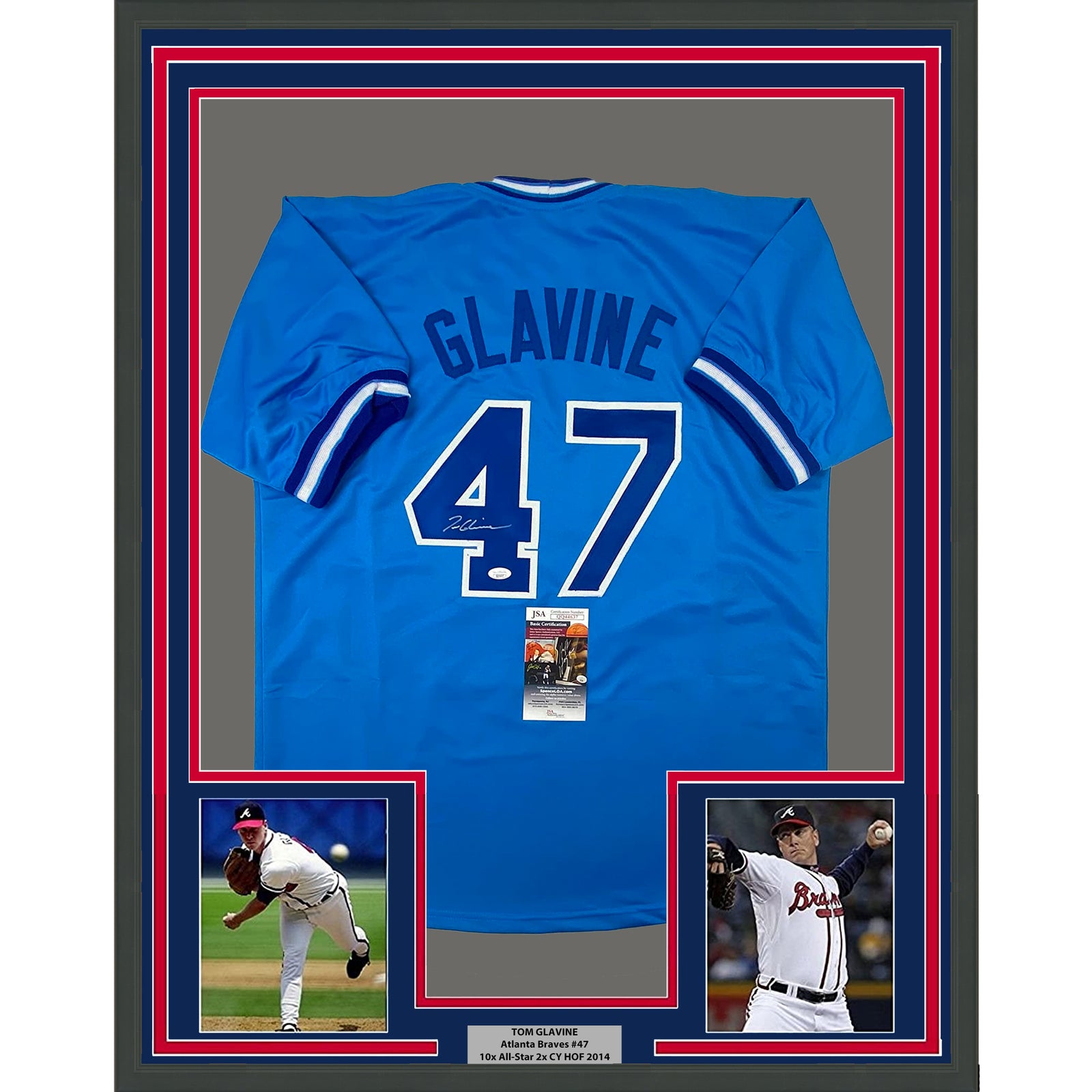 FRAMED Autographed/Signed TOM GLAVINE 33x42 Atlanta Blue Baseball Jersey  JSA COA