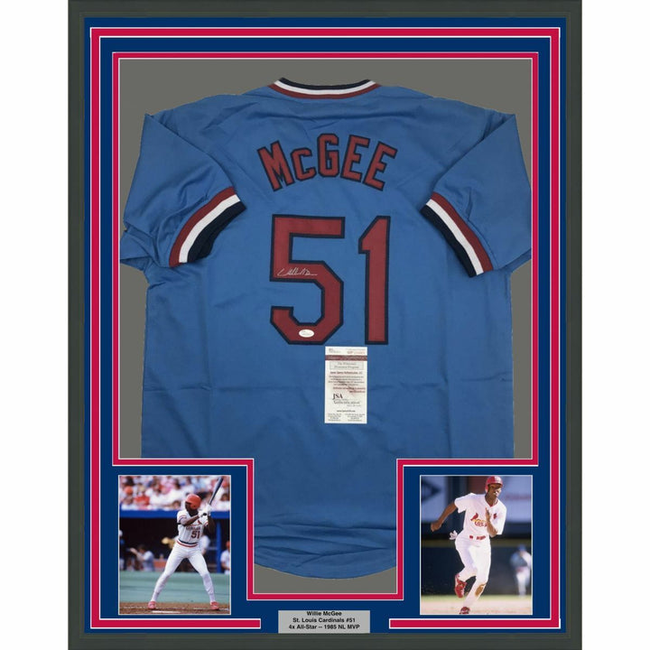 FRAMED Autographed/Signed WILLIE MCGEE 33x42 St. Louis Blue Jersey JSA COA Auto Image 1