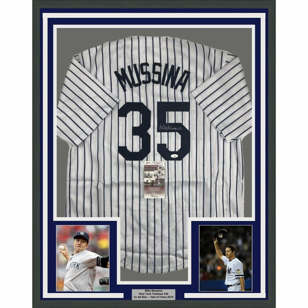 FRAMED Autographed/Signed MIKE MUSSINA 33x42 New York Pinstripe Jersey JSA COA Image 6