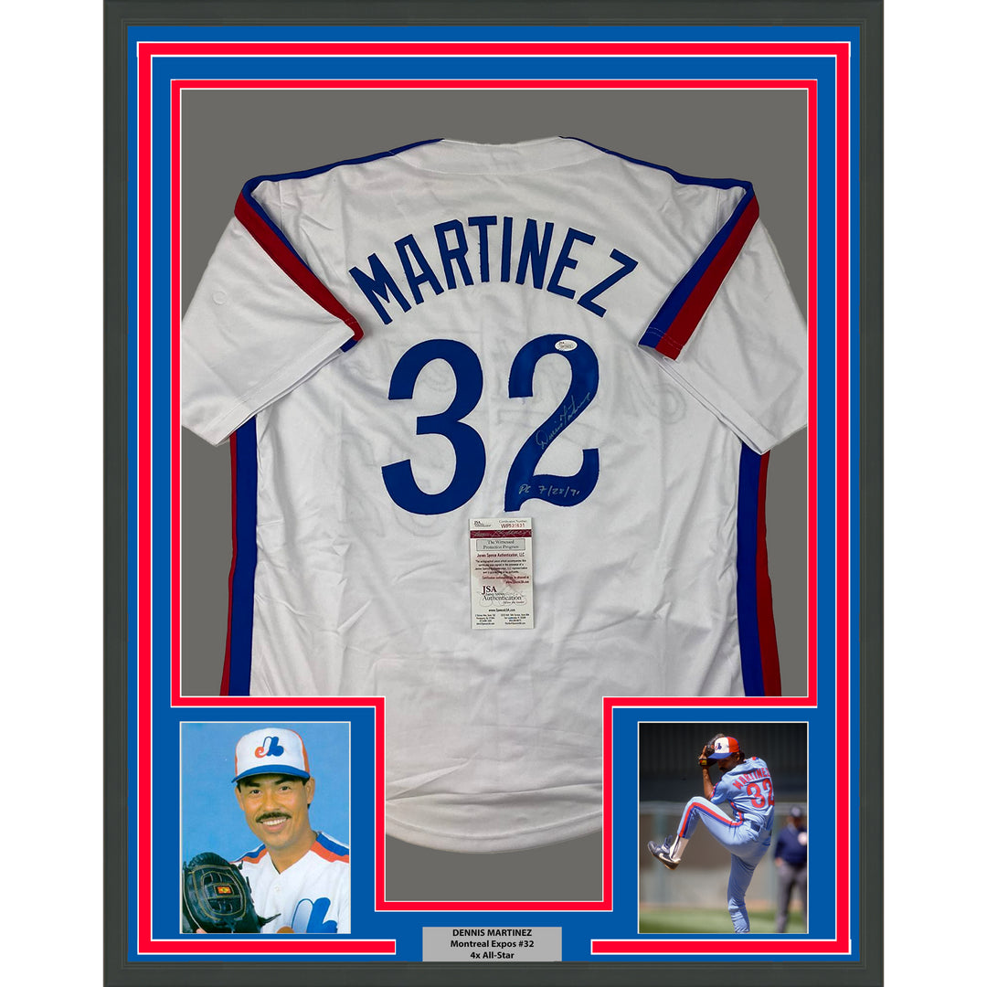 Framed Autographed/Signed Dennis Martinez 33x42 Montreal White Jersey JSA COA Image 7