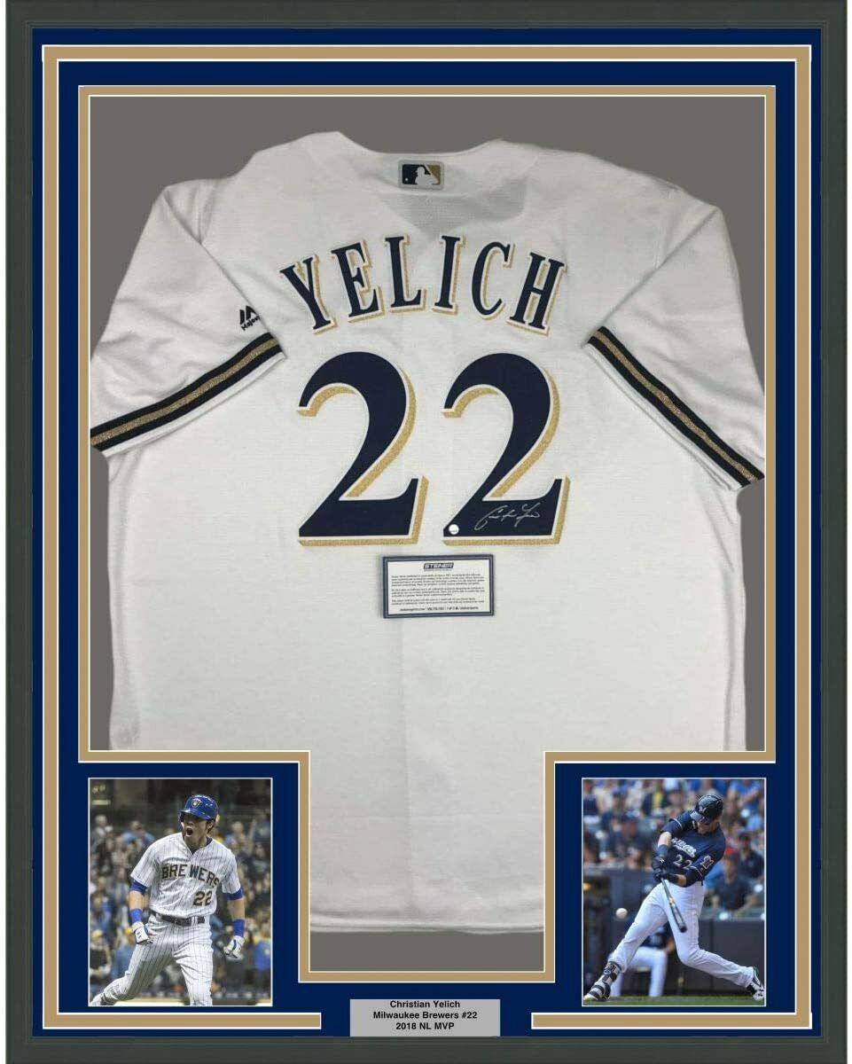 FRAMED Autographed/Signed CHRISTIAN YELICH 33x42 Brewers Jersey Steiner COA Image 7