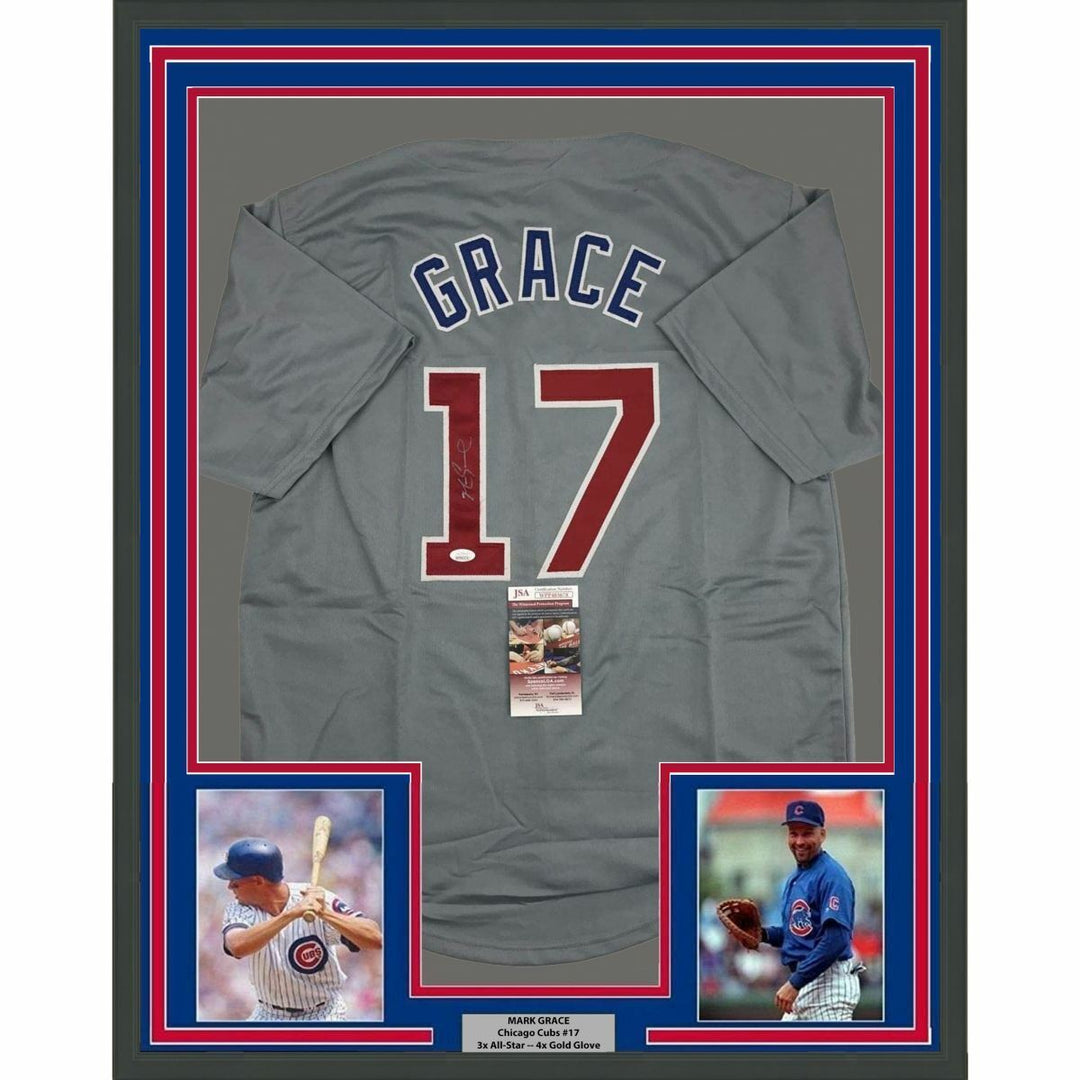 FRAMED Autographed/Signed MARK GRACE 33x42 Chicago Grey Baseball Jersey JSA COA Image 1