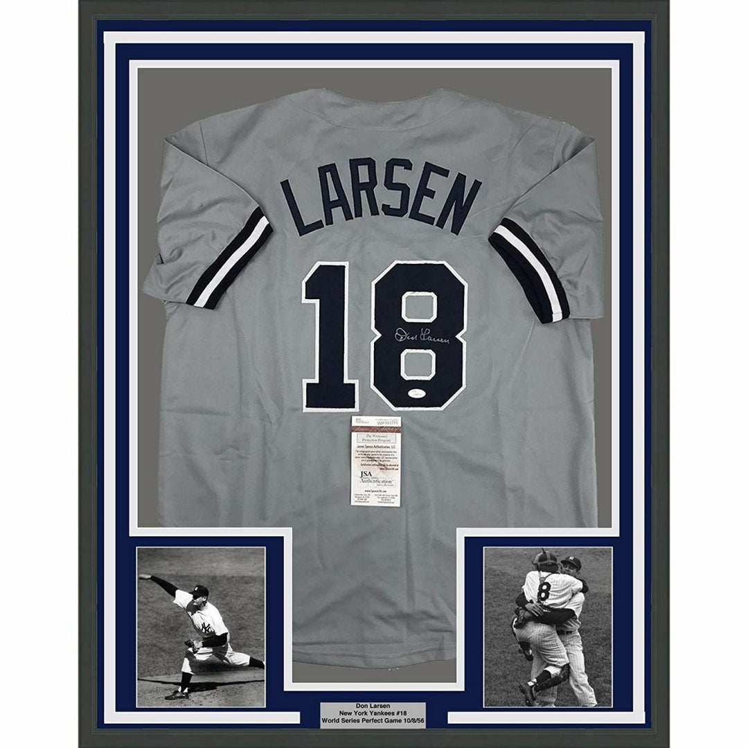 FRAMED Autographed/Signed DON LARSEN 33x42 New York Grey Baseball Jersey JSA COA Image 1