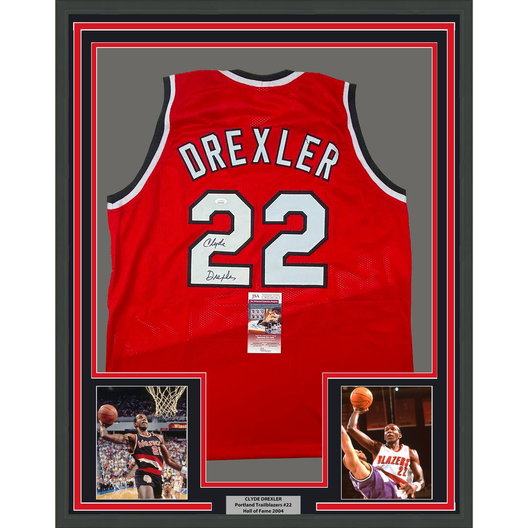 Framed Autographed/Signed Clyde Drexler 33x42 Portland Red Jersey JSA COA Image 10