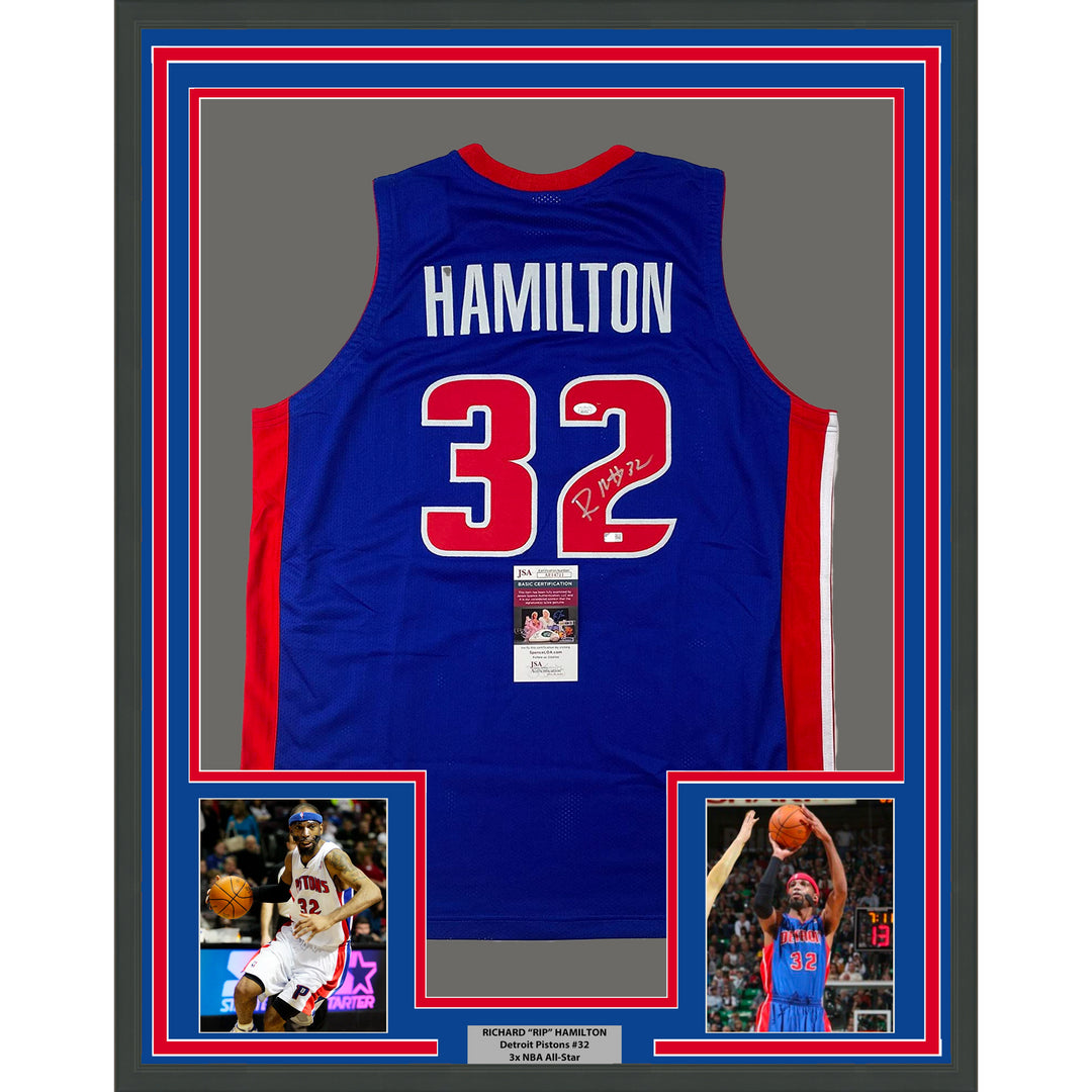 Framed Autographed/Signed Richard Rip Hamilton 33x42 Detroit Blue Jersey JSA COA Image 5