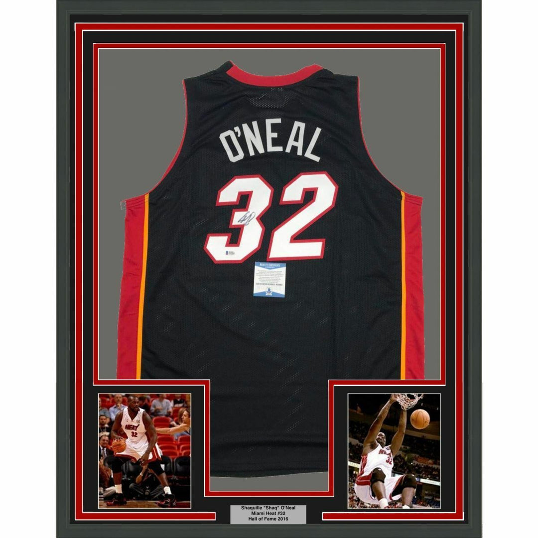 FRAMED Autographed/Signed SHAQUILLE SHAQ O'NEAL 33x42 Miami Black Jersey BAS COA Image 2