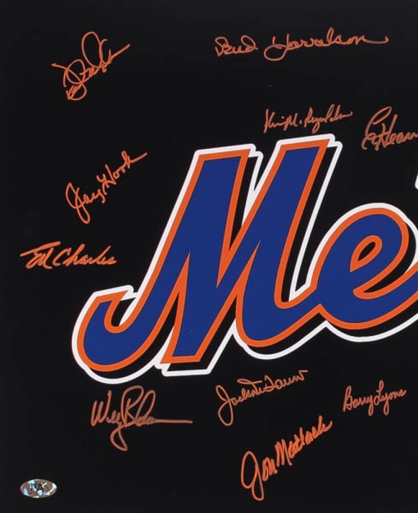 NY METS LOGO MULTI SIGNED 16x20 w/JAY HOOK HARRELSON HEAP LYONS MATLACK  LEACH +8