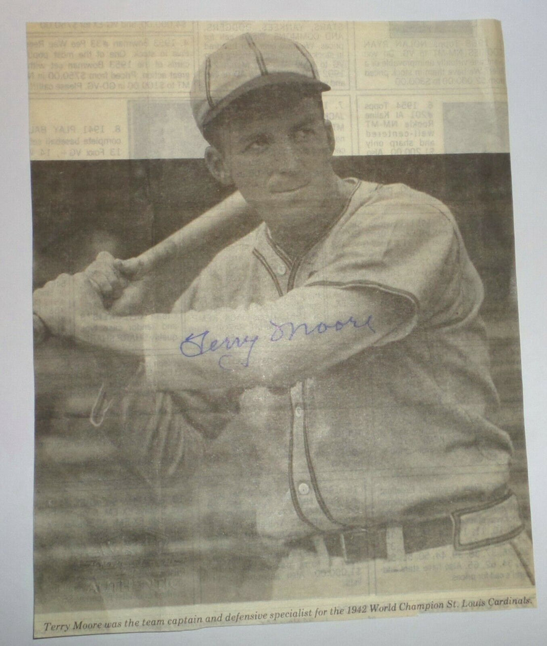 TERRY MOORE SIGNED 7" x 9" NEWSPAPER CUT 1942 ST LOUIS CARDINALS WORLD CHAMPION Image 1