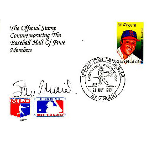 STAN MUSIAL SIGNED HALL OF FAME CARD VINCENT STAMP & POSTMARK ST LOUIS CARDINALS Image 1