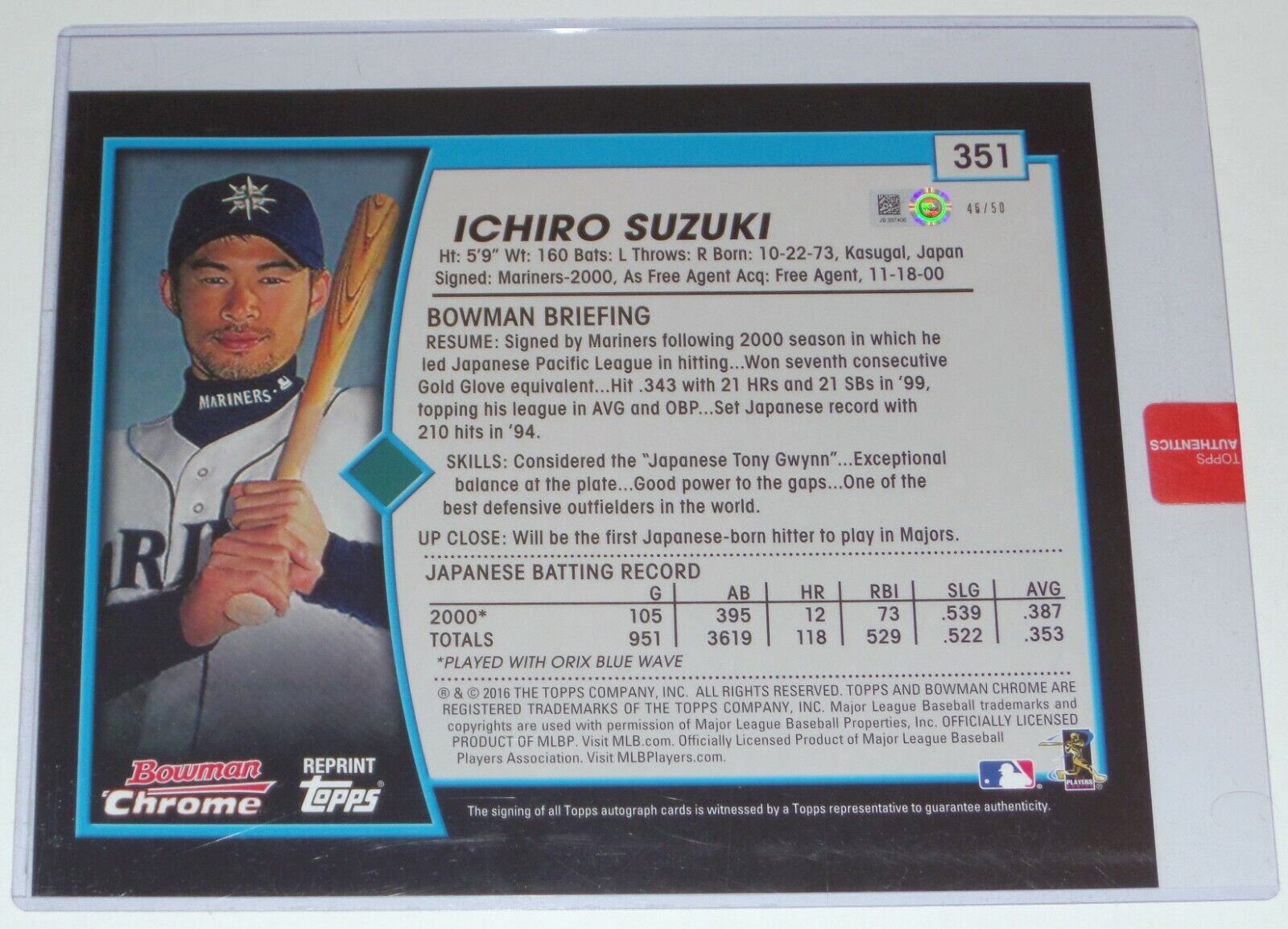ICHIRO SUZUKI AUTOGRAPHED 2001 BOWMAN CHROME ROOKIE 8X10 JUMBO CARD -  ORANGE # to 25