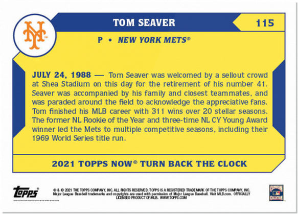TOM SEAVER RETIRE #41 @ SHEA STADIUM TURN BACK CLOCK TOPPS NOW CARD #115 CHERRY Image 2