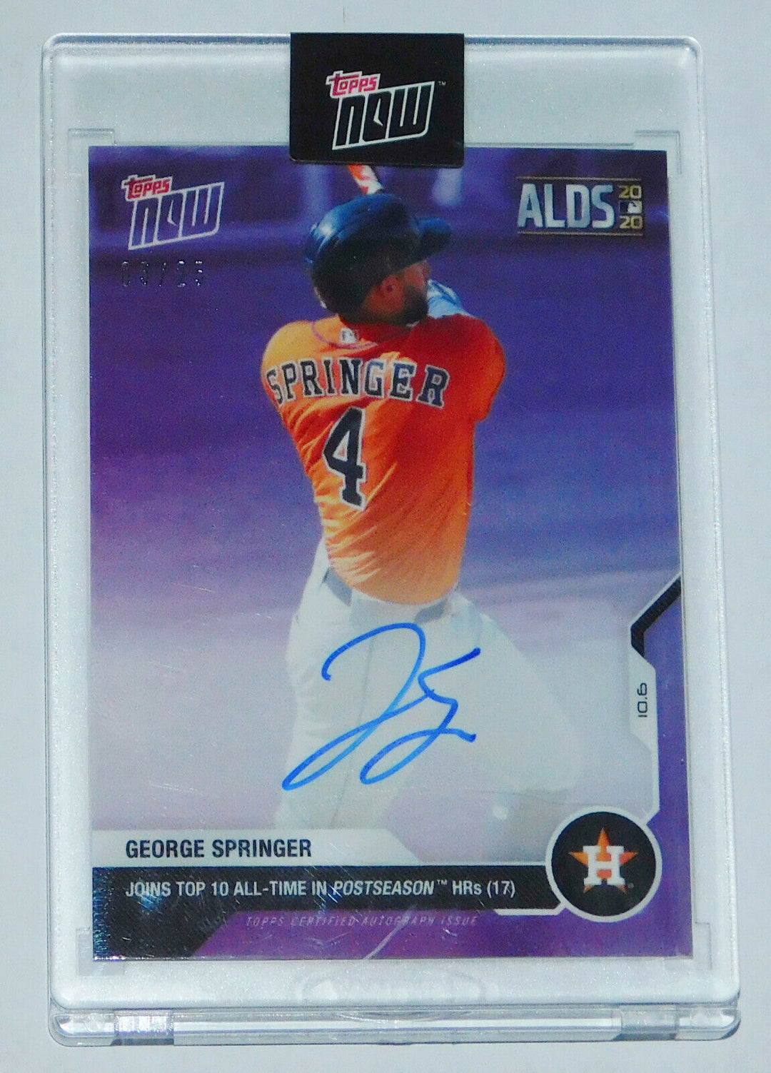 2020 GEORGE SPRINGER SIGNED ALDS TOP 10 ALL-TIME HR's TOPPS NOW AUTO CARD #371A Image 3