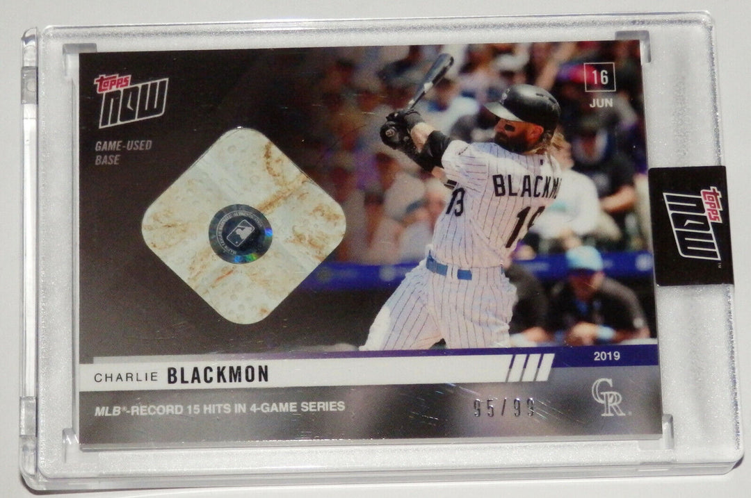 2019 CHARLIE BLACKMON 15 HITS IN 4 GAME SERIES TOPPS NOW GAME USED BASE CARD 386 Image 3