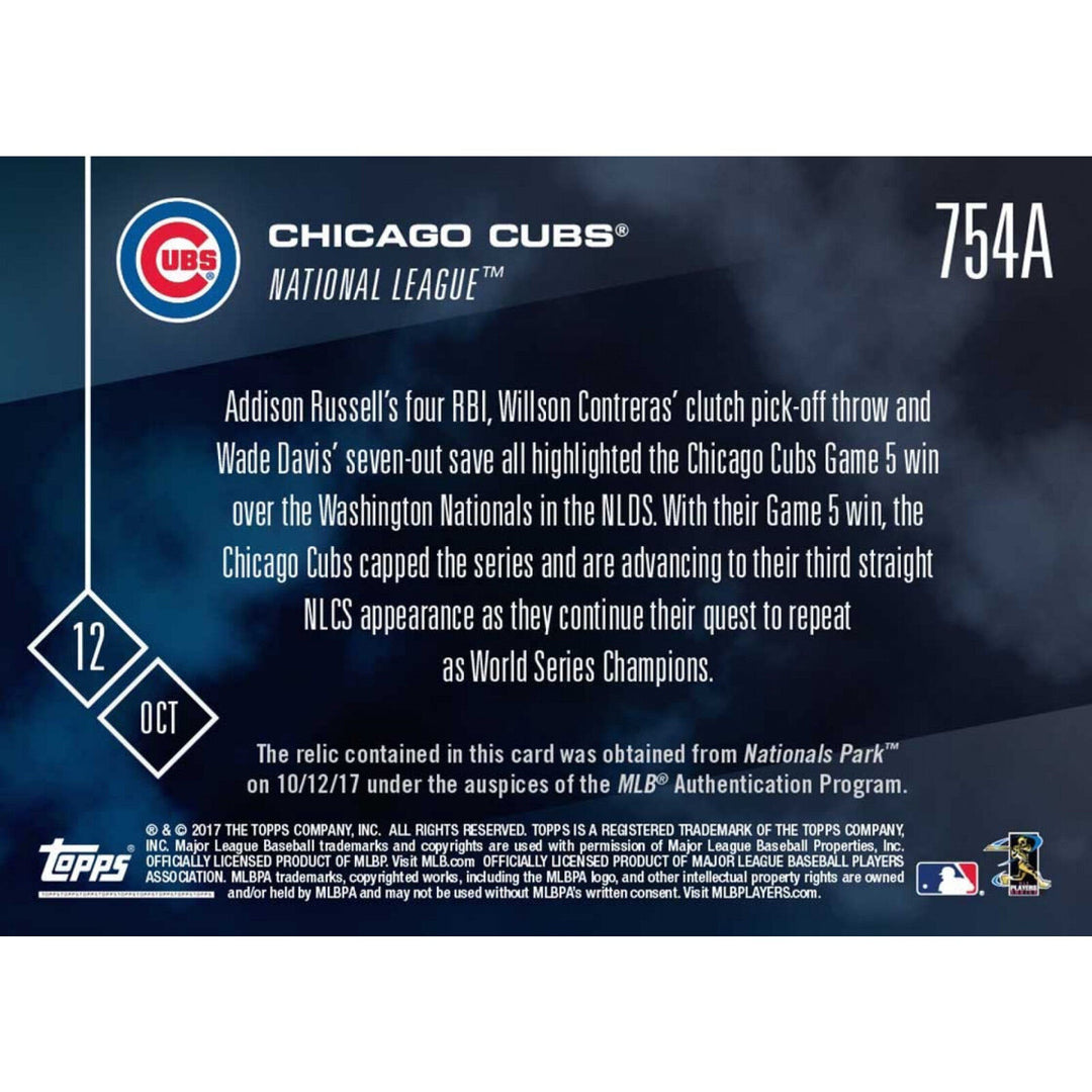 CHICAGO CUBS WIN NLDS ADVANCE TO NLCS TOPPS NOW GAME USED BASE RELIC CARD #754A Image 2