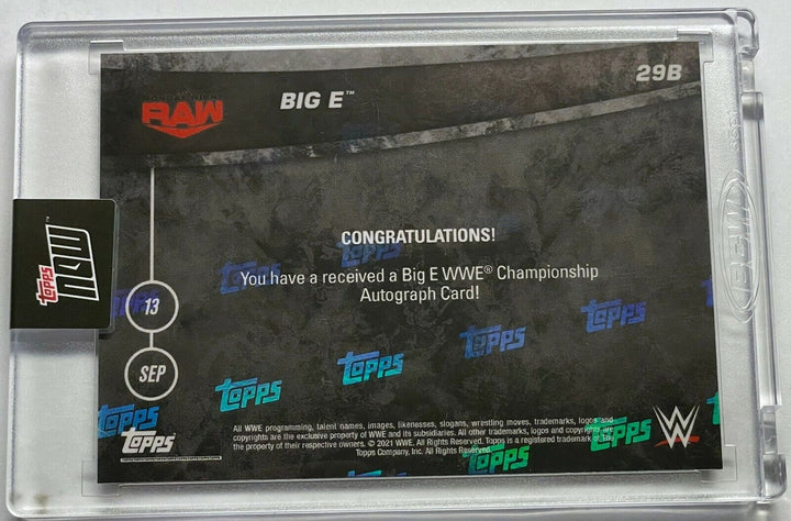 BIG E SIGNED TOPPS NOW MONDAY NIGHT RAW AUTO CARD 29B WINS WWE CHAMPIONSHIP 2021 Image 3